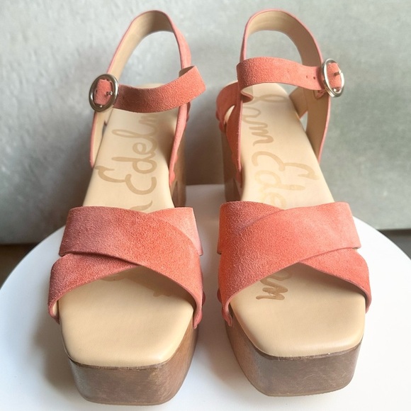 🌸SAM EDELMAN 🌸 Josefina Orange Suede Platform Wooden Sandals Size: 8.5 - Picture 4 of 12